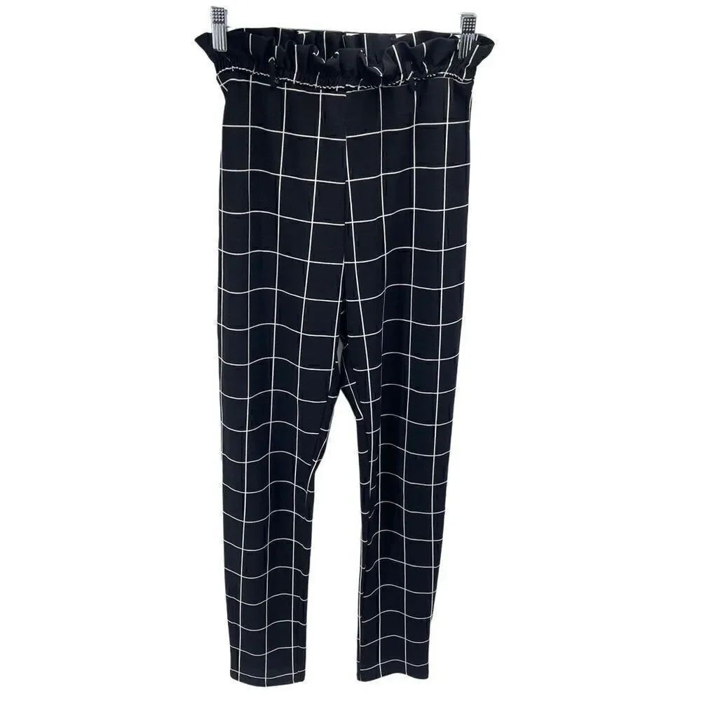 Day & Night paper bag waistโPull On Pants Windowpane Stretch Black WhiteโSmall